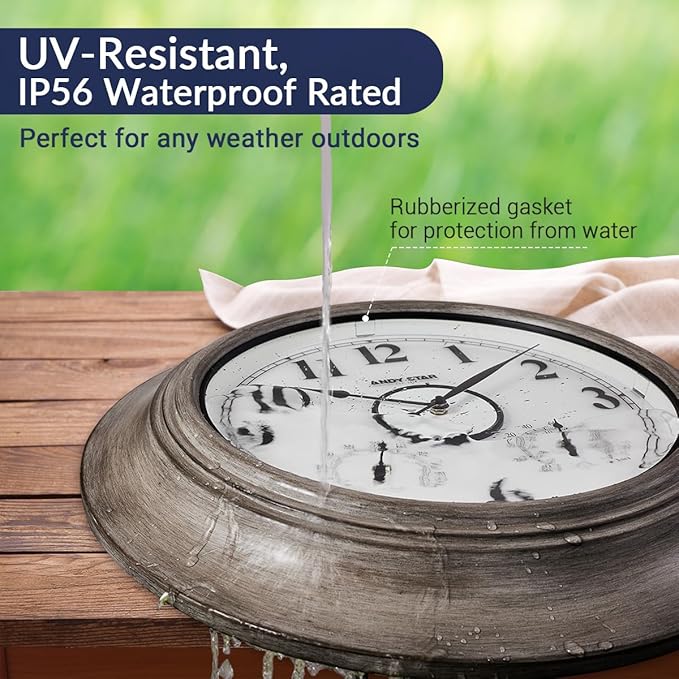 Andy Star 21 Inch Large Luminous Outdoor Wall Clock and Temperature for Patio, Pool, Oversized Round Wall Clocks Waterproof, Vintage Brushed Gray Oak Wooden Finish Silent Non Ticking