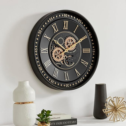 CLXEAST 24 Inch Wall Clock with Moving Gears, Black Gold Roman Numeral Wall Clocks for Modern Farmhouse Living Room Decor,House Warming Gifts New Home