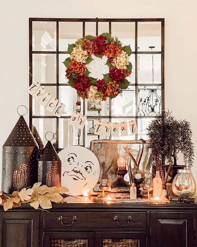 Fall Wreaths for Front Door, 20 inch Autumn Wreath with Hydrangeas Berries Fall Door Wreath Artificial Hydrangea Flowers Wreaths Autumn Decorations for Farmhouse Thanksgiving Harvest Door Wall Outside