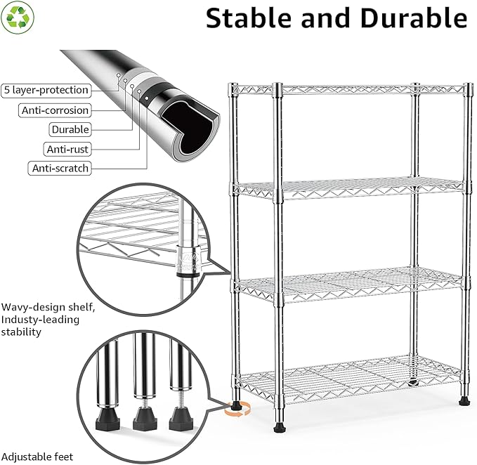 1000 lbs Storage Shelving Steel Heavy Duty 4-Tier Utility Shelving Unit Steel Organizer Wire Rack for Home,Kitchen,Office,Chrome (13.7" D x 29.5" W x 47.2" H)