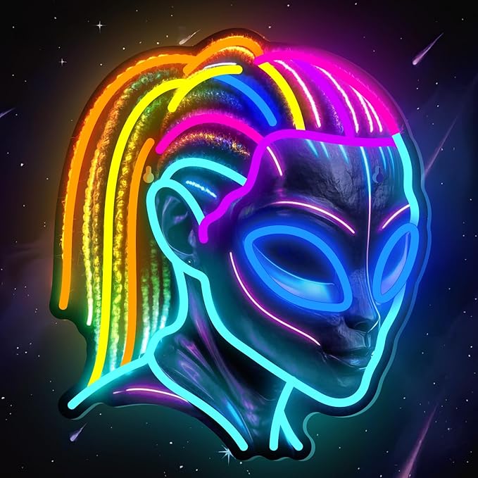 Dreadlocks Alien Neon Sign, E.T Neon Signs for Wall Decor, for Man Cave Game Room Teens Boy Room Decor, Gift for Teens Kids E.T Fans UFO Fans, Dimmable Decoration USB Powered with Switch