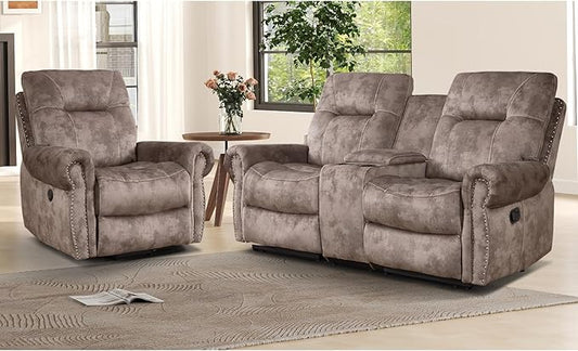 EBELLO 2 Pieces Reclining Couch Furniture Set for Living Room, 1 Seat Power Recliner Chair and a Manual Loveseat with Center Console, Hidden Storage and Cup Holders, Brown
