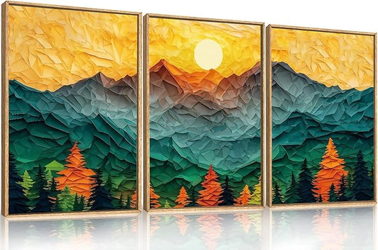 Celestdeco Abstract Mountain Framed Canvas Wall Art Set, Forest Pine Tree Golden Sunset Wall Decor, Mixed Patchwork Landscape Art Print for Living Room, Bedroom, Dining Room, Office - 24"x36"x3