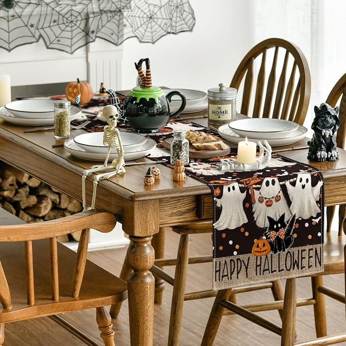 Artoid Mode Ghost Jack-O'-Lantern Black Cat Halloween Table Runner,Holiday Kitchen Dining Table Decoration for Home Party Decor 13 x 72 Inch