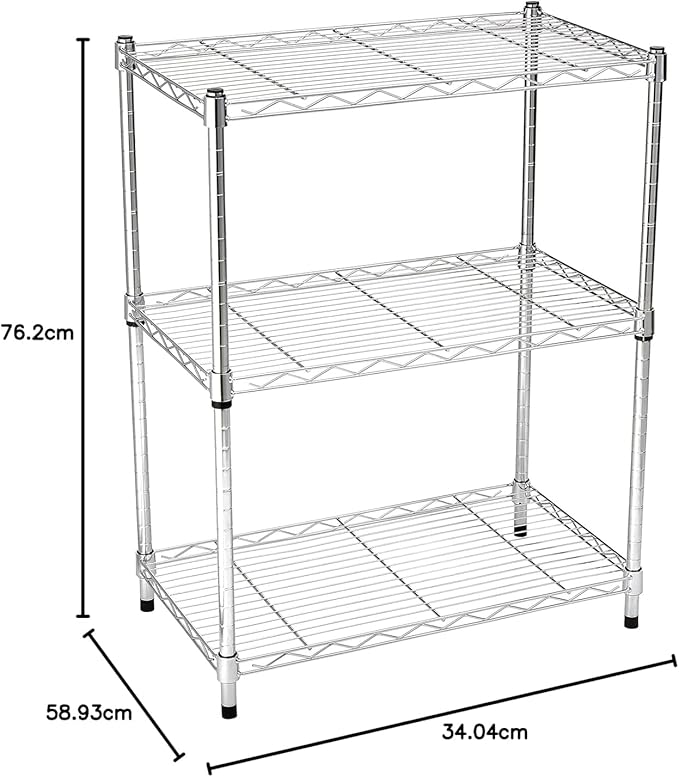 Amazon Basics 3-Shelf Adjustable Heavy Duty Steel Wire Rack Storage Shelving Organizer for Kitchen, Garage, 23.2" L x 13.4" W x 30" H, Chrome