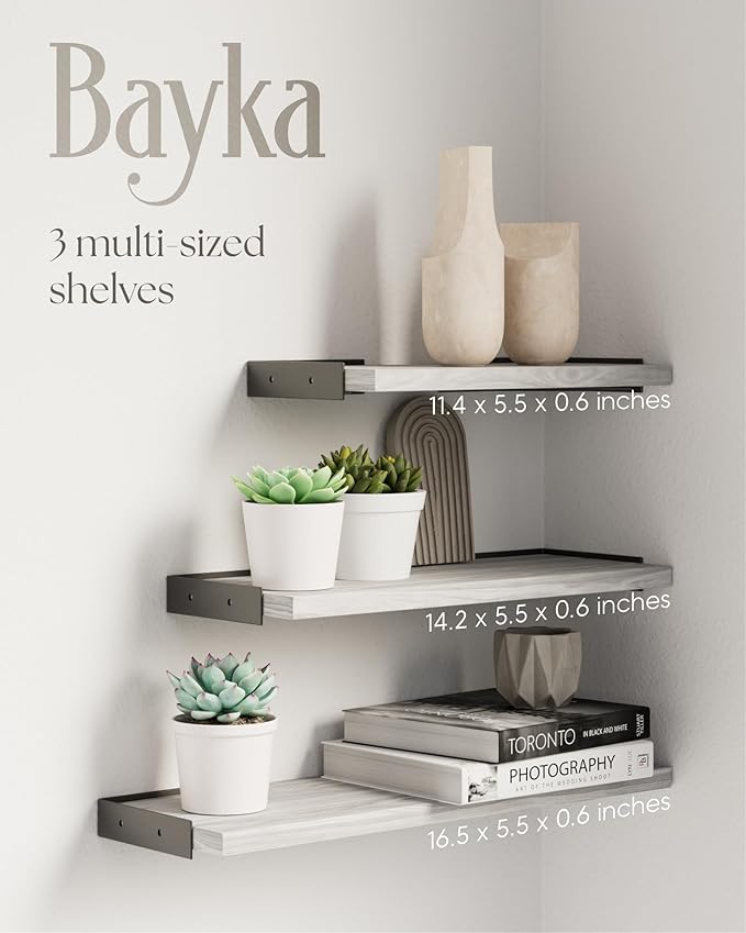 BAYKA Wall Shelves for Bedroom Decor, Floating Wall Shelves for Living Room Kitchen Storage, Wall Mounted Rustic Wood Floating Shelves for Kids Books,Corner Shelves for Bathroom(White，Set of 3)