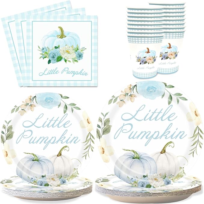 Aukolass Pumpkin Party Supplies Tableware Set - Fall Theme Party Decorations Including Plates, Napkins and Cups for Pumpkin Birthday and Baby Shower Party, Serves 24 Guests (blue)