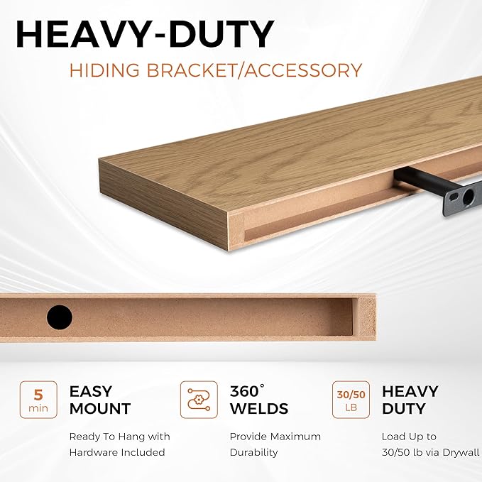 Fun Memories Floating Shelves for Wall, 40" Rustic Wood Deep Wall Mounted Shelves with Invisible Brackets for Decor & Storage, Floating Shelf for Living Room, Bathroom (Oak, Set of 2)