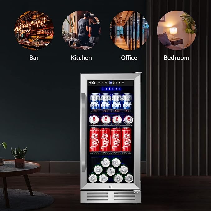 15'' Beverage Refrigerator and Beer Fridge Under Counter Built-in or Freestanding,127 Cans Beverage Cooler with Glass Door and Lock for Bottles and Cans Beer/Soda/Water/Wine