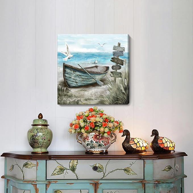 Bathroom Wall Art Coastal Décor Nautical Boat on Beach Canvas Picture Ocean Seagull Seascape Canvas Print Sea Bird Farmhouse Artwork for Seashore Bedroom Living Room Small Square Blue Teal 14x14"