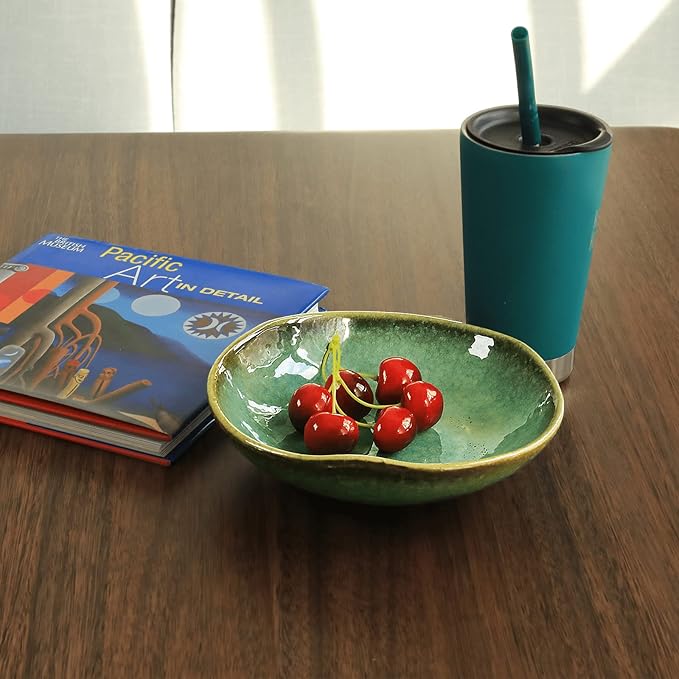 Ceramic Decorative Bowl with Green Glaze, 8'' Small Candy Bowl, Key Dish for Entryway Table, Home Decor Accent, Trinket Tray Holder for Nightstand Ring Gift (8'' Green)