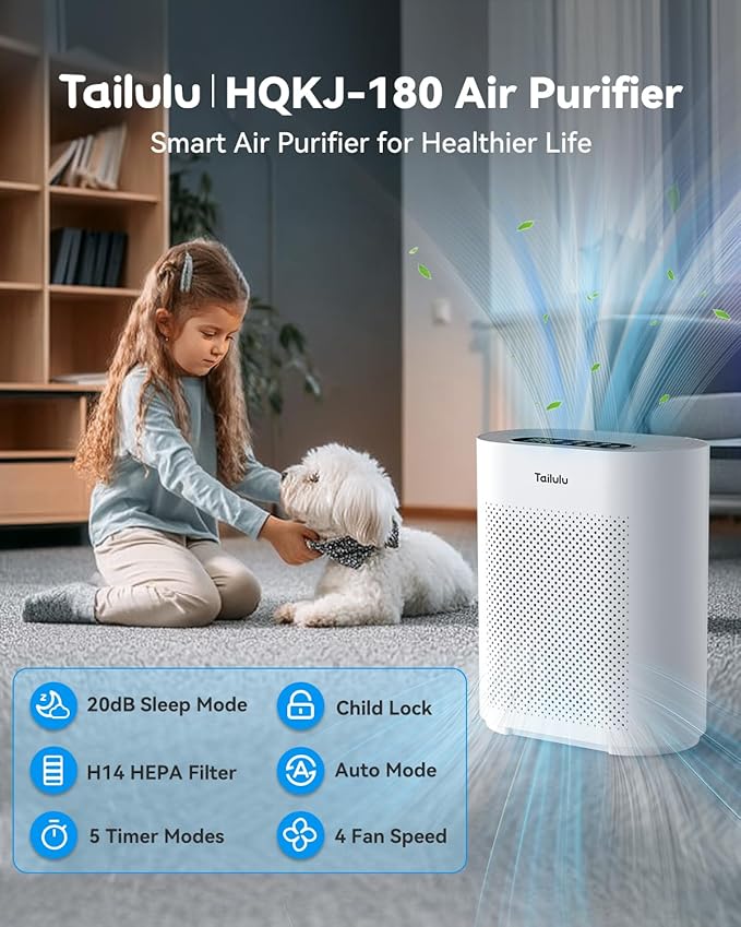 Air Purifiers for Home Large Room up to 2200ft², PM2.5 Air Quality Sensor Smart Mode, 20dB Sleep Mode & Night Light, H14 HEPA Filter Air Purifiers for Bedroom, Pets, Dust, Pollen, Tailulu HQKJ-180