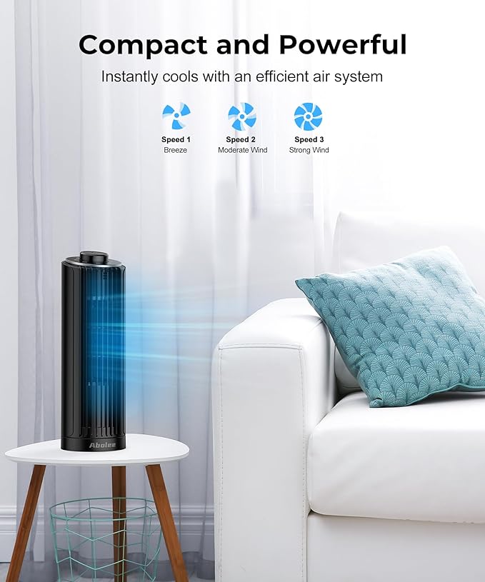Abolee Tower Fan, 23ft/s Desk Fan, 70° Oscillating Table Fan for Bedroom, Standing Table Fan with 3 Modes, 2024 New 13 Inch Bladeless fan for Bedroom, Home,Office