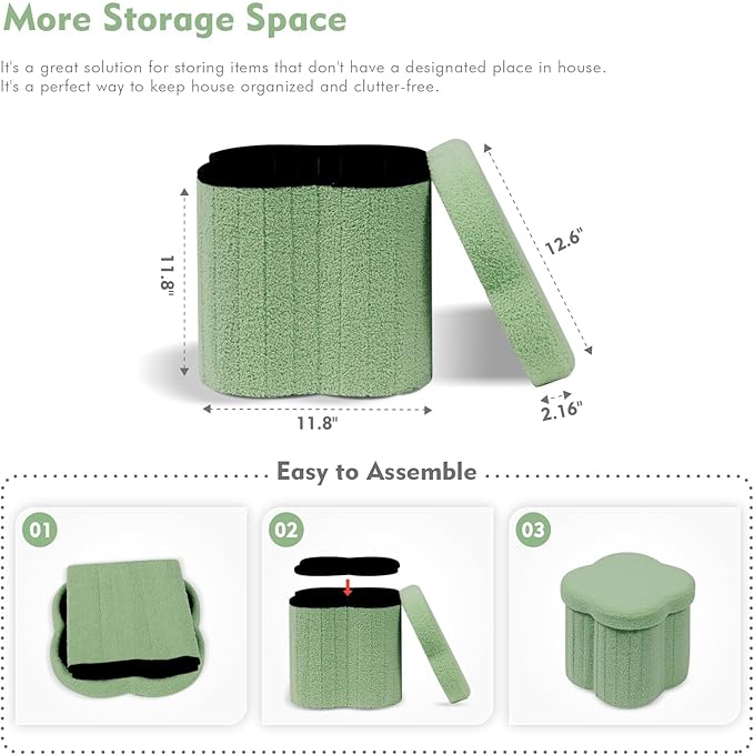 B FSOBEIIALEO Storage Ottoman Cube, Flowers Shaped Ottomans with Storage Foot Stool Footrest for Lving Room, Boucle Ottoman Seat for Dorm Room,Faux Teddy Fur, Green 12.6"x12.6"x12.6"