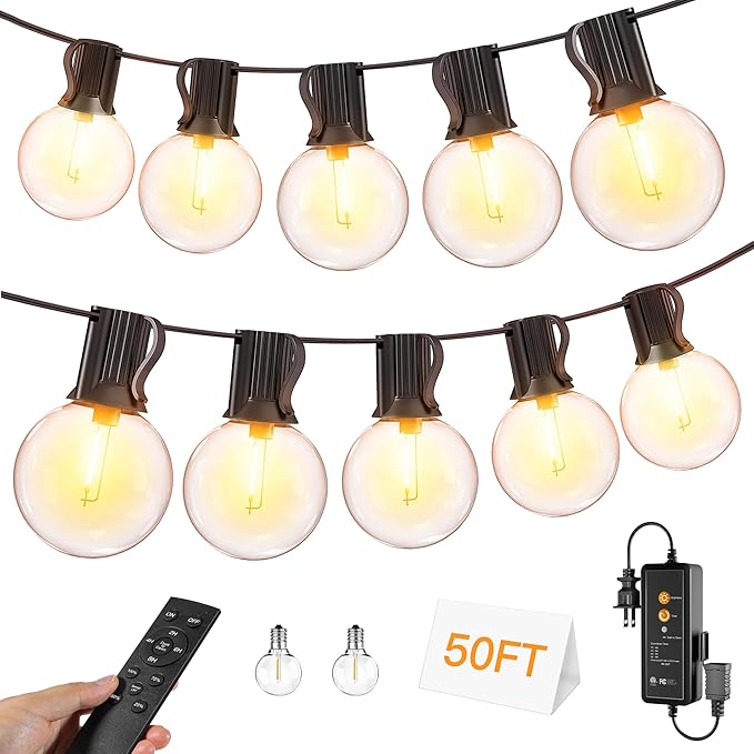 50FT Outdoor String Lights with Remote Dimmer, 25+2 Led Bulbs Connectable Dimmable Outdoor Lights, Support Timer Waterproof Shatterproof for Patio Yard Porch Deck
