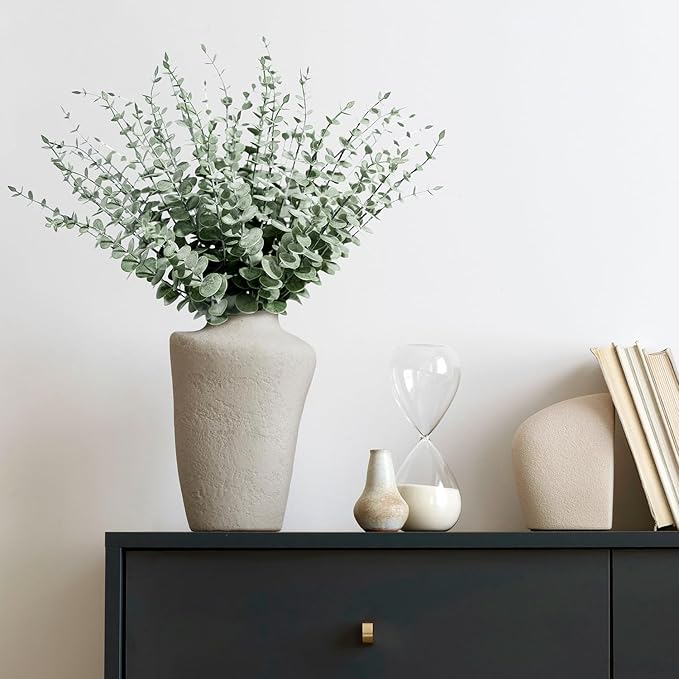 48Pcs Faux Eucalyptus Stems, 15" Artificial Eucalyptus Plants with White Frosted Coating, Fake Eucalyptus Decor Plastic Greenery Leaves for Wedding Bouquets Home Decor DIY Floral Arrangements