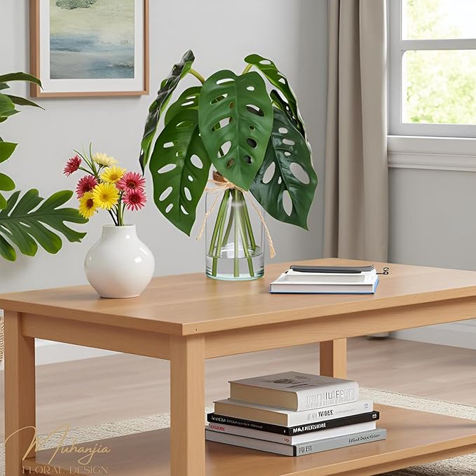 Artificial Flowers Turtle-Back, Alocasia Leaf, in Glass Vase with Faux Water,7Pcs Artificial Leaves Real Touch Latex Leaves for Centerpiece (2, Turtle-Back&Alocasia Leaves)