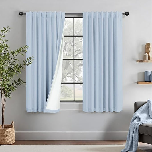 Baby Blue Curtains for Bedroom 45 Inch Length 2 Panel Linen Blackout Short Curtains for Nursery Boy Girls Bathroom Kitchen Light Bluey Unisex Black Out Drapes for Living Room Heat Cold Light Blocking