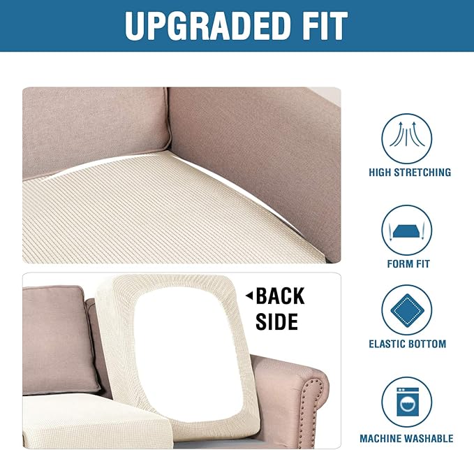 H.VERSAILTEX Super Stretch Individual Seat Sofa Covers Couch Slipcover Sets Thick Jacquard Textured Twill Fabric (2 Piece Medium Sofa Cushion Covers, Natural)