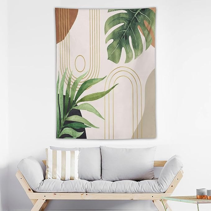 Abstract Boho Tapestry, Mid Century Tropical Tree Leaves Modern Geometric Arch Bohemian Botanical Tapestry, Home Aesthetic Wall Hanging Art Decor for Living Room Bedroom Dormitory 60x80 Inch