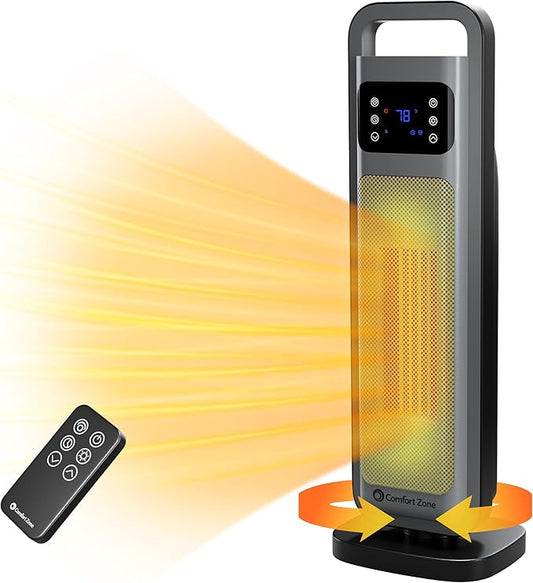 Comfort Zone Oscillating Digital Tower Heater with Remote Control for Indoor Use, Adjustable Thermostat, Timer, Overheat Protection, Tip-Over Switch, Ideal for Home, Bedroom, & Office, HT1206-GRY