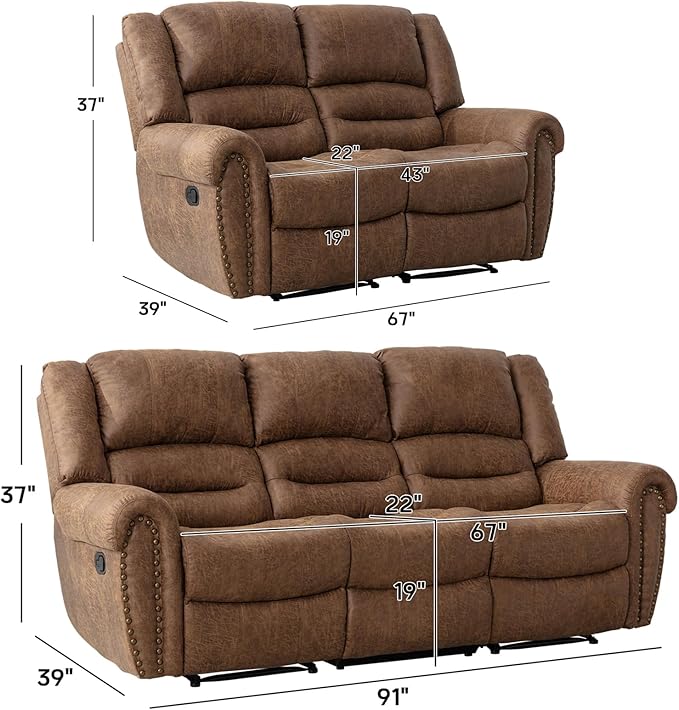 CANMOV Faux Leather Manual Recliner Sofa Set,Manual Reclining Sofa and Recliner Loveseat with Overstuffed Armrest for Living Room,Bedroom Furniture,Office,Nut Brown