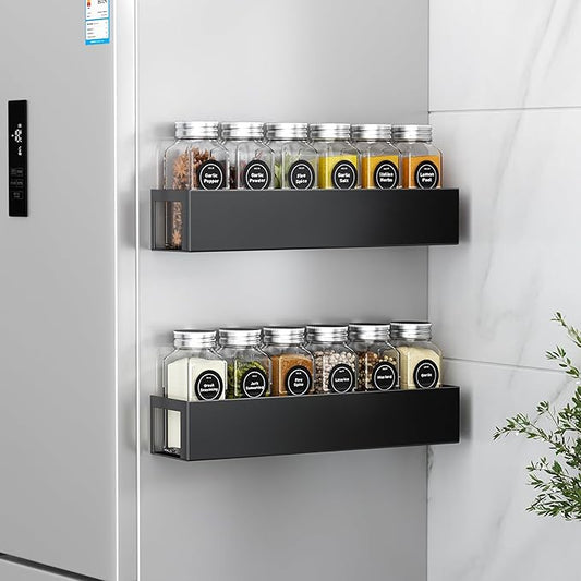 2 Pack Magnetic Spice Rack with 12 Spice Jars, Spice Labels, Magnetic Spice Organizer Shelf for Refrigerator, Microwave, Seasoning Organizer for Kitchen, Spice Jars with Label and Organizer Rack