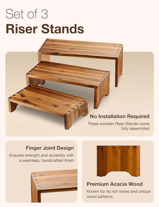 Acacia Wood Risers Display Stands Set of 3 - Wooden 3 Tier Cupcake Stand - 3 Tiered Riser for Vendors - Decorative Display Risers for Food Desserts Stand, Perfume, Funko POP at Party Wedding