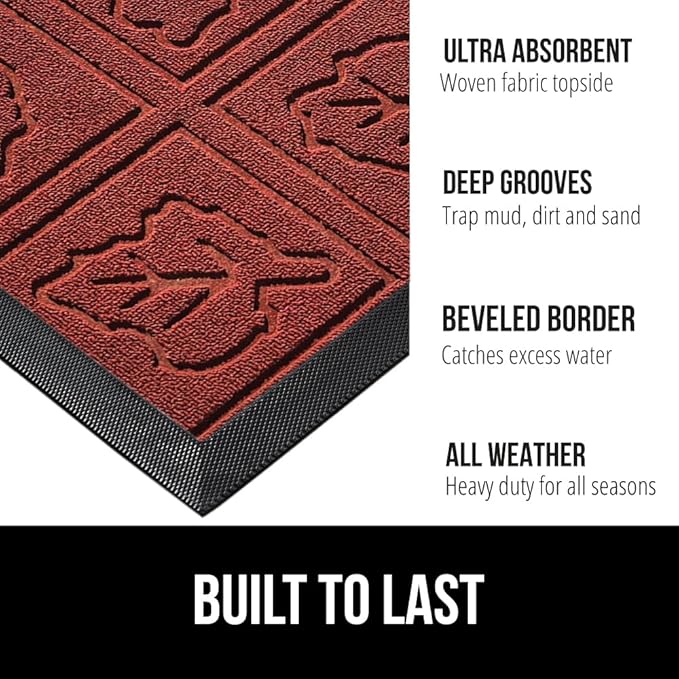 GORILLA GRIP 100% Waterproof All-Season WeatherMax Doormat, US Designed Natural Rubber, Stain and Fade Resistant, Low Profile Indoor Outdoor Door Mats, Easy Clean Patio Mat, 17x29, Burgundy Leaves