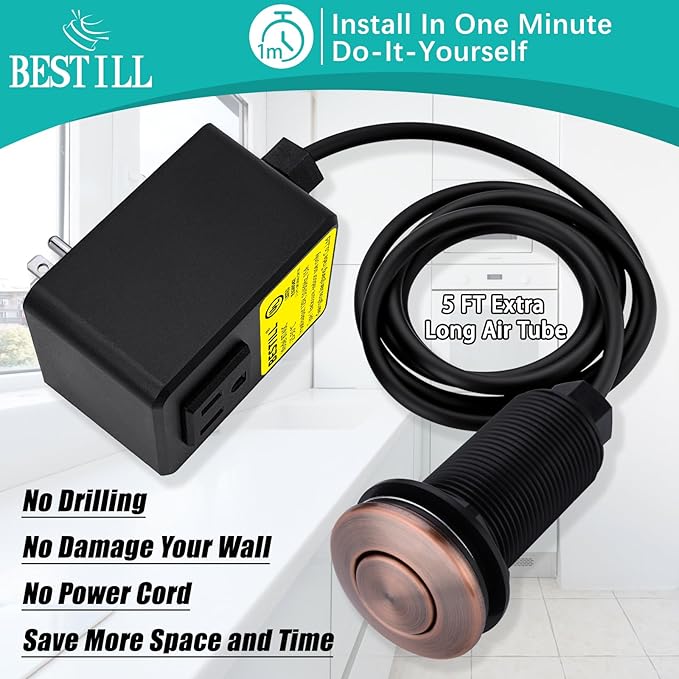 BESTILL Garbage Disposal Air Switch Kit - UL Listed, Cordless Sink Top Switch Button for Waste Disposer, Long Push Button with Brass Cover, Antique Copper, Compatible with all Garbage Disposals