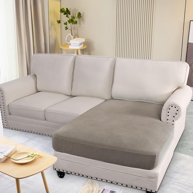 H.VERSAILTEX Super Stretch Individual Chaise Cover Sectional Couch Covers for L Shaped Sofa Both Left/Right Featuring Thick Jacquard Textured Twill Fabric (1 Piece Chaise Cover, Taupe)