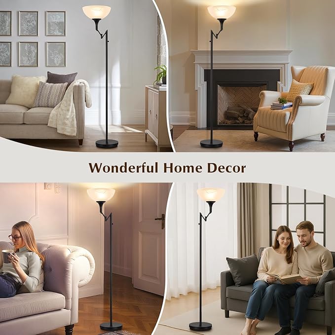 Floor Lamps for Living Room Black, 70" Tall Standing Lamp with Glass Shade, Torchiere Floor Lamp with 350°Adjustable Swing Arm Lamp, Pole lamp for Bedroom, Living Room, Office, Bulbs Included