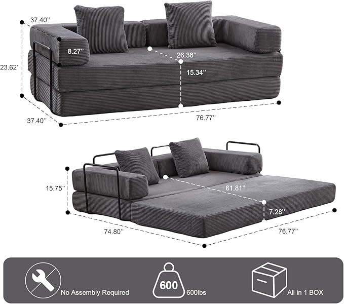 Convertible Sleeper Sofa Bed, Compression Folding Sofa with Pillow, No Assembly Required, Shape Frame, Floor Sofas Lounge Couch for Living Room, Bedroom, Small Spaces(Corduroy, 77''W, Dark Grey)