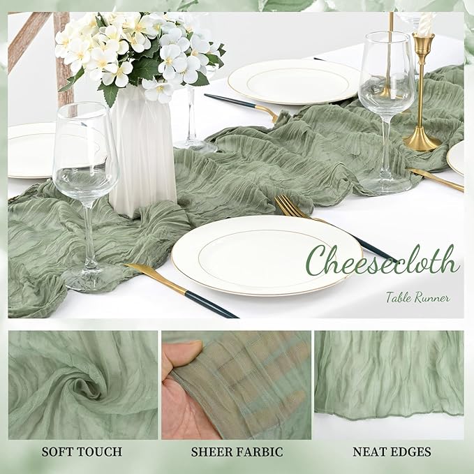 6 Pack Sage Green Cheesecloth Table Runner 10FT Rustic Gauze Fabric Cheese Cloth Table Runner for Wedding Bridal Baby Shower Table Decor 20 x 120 Inch Long Boho Sheer Birthday Party Table Decorations