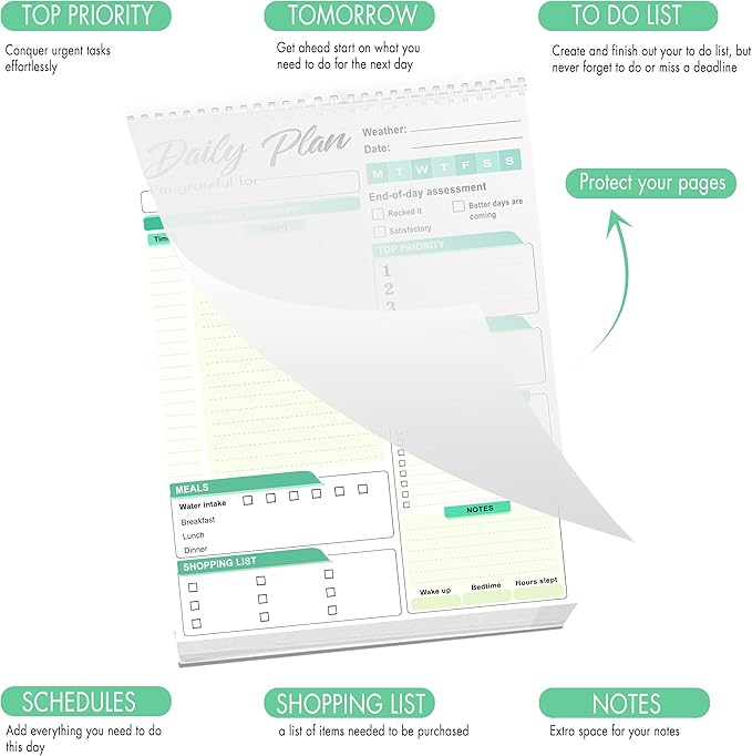 Daily Plan Notepad, 52 Sheets 8.5" X 11.5" Daily for To-Do Lists, Habit Tracking, Academic Scheduling, and Productivity Goals - Perfect for Work, Home, and Office Organization - Turquoise Style