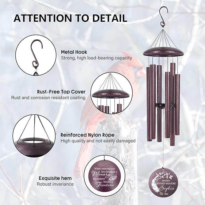 ASTARIN 36" Large Deep Tone Personalized Sympathy Wind Chimes, Memorial Wind Chime for Loss of Mother Father Loved One, Angel's Feather Bereavement Gifts Decor Outdoor Patio Garden(Produced in USA)