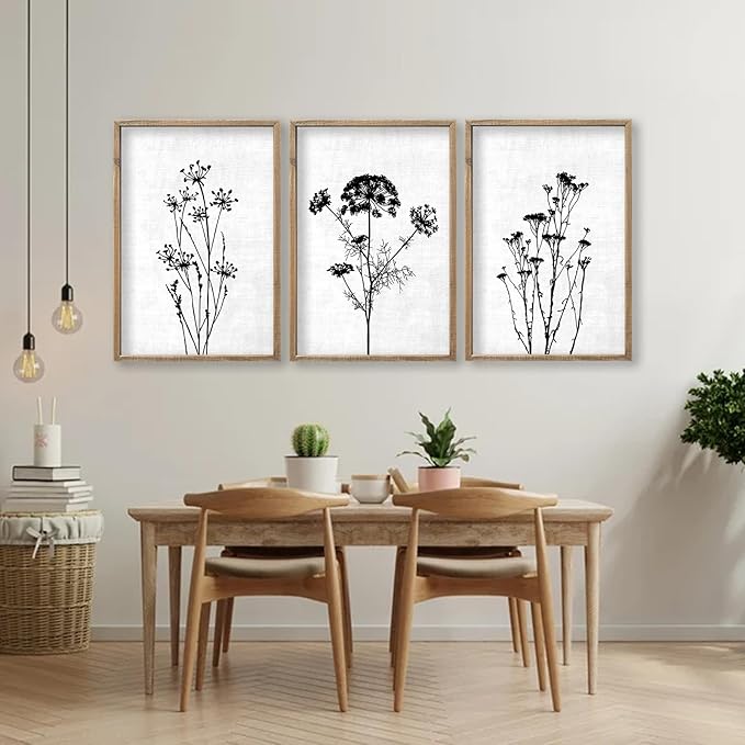Flower Plant Wall Art Decor 16"x11" Set of 3 Black And White Botanical Painting Wood Framed For Minimalist Bedroom Office Rustic Living Room Abstract Wildflower Sign Hanging (Wood White)