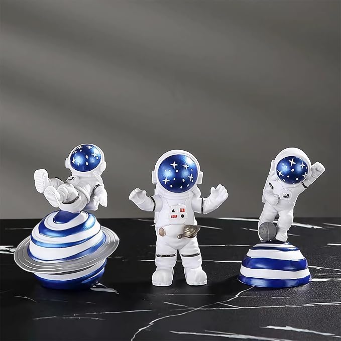 Blue Astronaut Statues Set of 3, Outer Space Theme Figurines Planet Nursery Classroom Bedroom Decor Cake Toppers