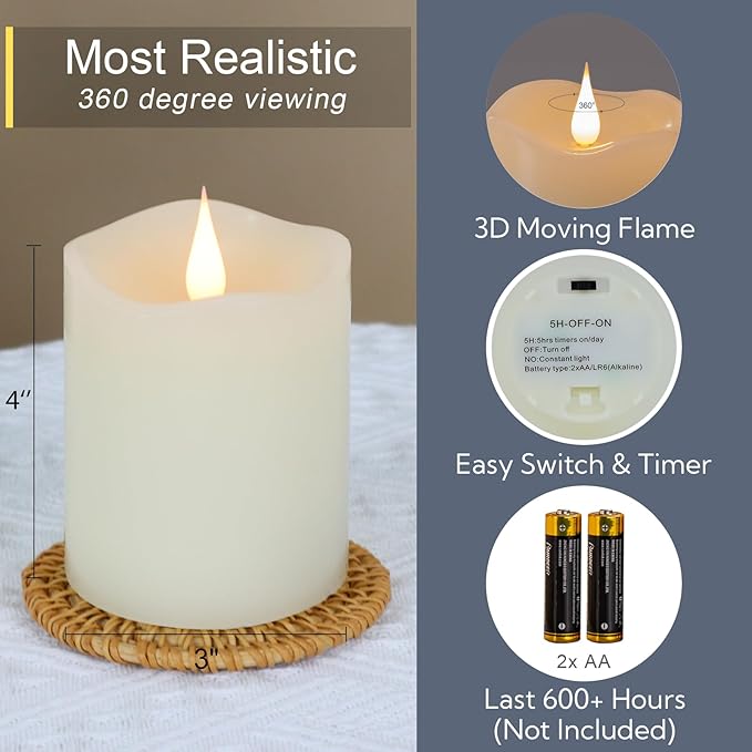 Flameless Candles Battery Operated with Timer, 3D Moving Flame Flickering, Last 600+ Hours Battery Candles, 3" x 4" Ivory Real Wax Electric LED Candle for Wedding Party Decorations