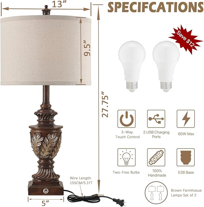 Farmhouse 3-Way Dimmable Touch Table Lamp Set of 2 for Bedroom Living Room with USB A+C Charging Ports 27.75" Tall Rustic Traditional Nightstand Bedside Lamps Brown End Table Lamp (2 Bulbs Included)