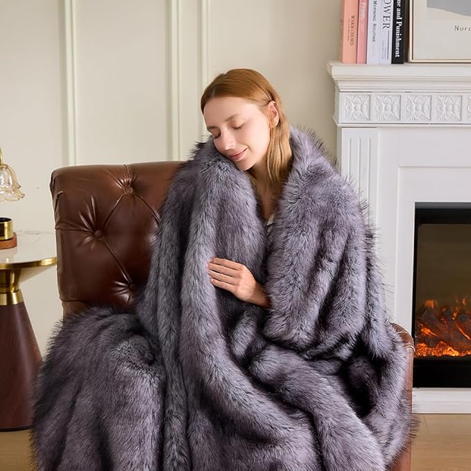 Fluffy Faux Fur Throw Blanket – Super Soft Warm Thick Plush Blanket for Bed, Couch & Office, Cozy Fuzzy Throw with Flannel Backing,90"x90", Grey