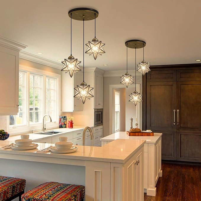 Glass Glam Chandelier Star Pendants Light Fixture Modern Elegant Ceiling Hanging Lights Included LED Warm Light Bulbs Oiled Bronze