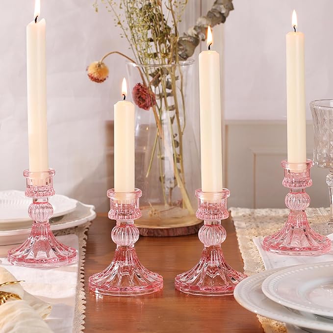 12PCS Pink Candlestick Holders Set- 4" H Taper Candle Holders, Glass Candle Holders Bulk for Wedding, Party, Home Table Centerpieces, Festival Gifts & Windowsill Decor