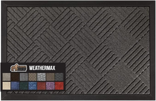 GORILLA GRIP 100% Waterproof All-Season WeatherMax Doormat, 60x24, US Designed Natural Rubber, Stain and Fade Resistant, Low Profile Indoor Outdoor Door Mats, Easy Clean Patio Mat, Gray Diamond
