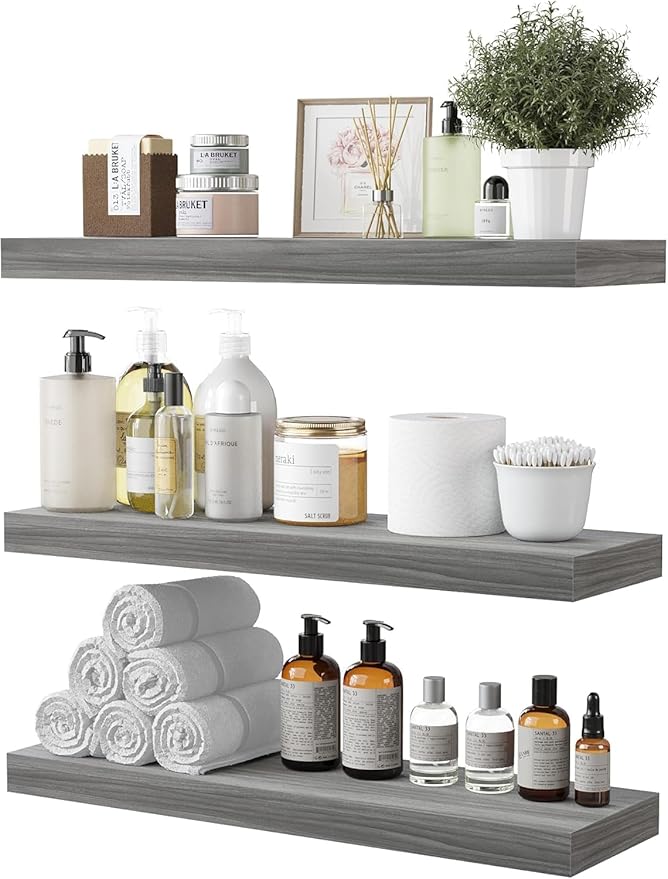 BAMEOS Floating Shelf,Wall Shelf,Decor Wall Mounted Shelves,Hanging Shelf Set of 3,L24xW6 for Bathroom Kitchen Living,Kitchen,Room Bedroom Storage,Walnut