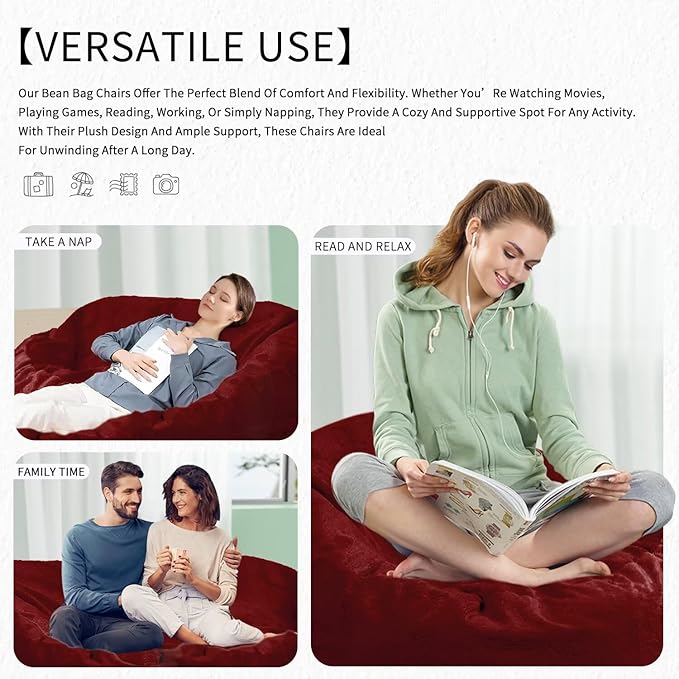 Bean Bag Chair for Adults 6FT,Soft Removable Cover for Teens/Girls Bedroom,Fluffy Giant Round Floor Beanbag Lounger Chairs (No Filler,Claret)