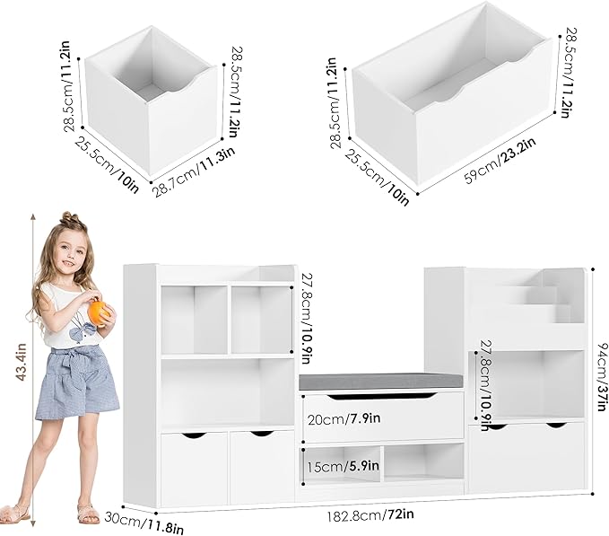 FOTOSOK 72” Kids Bookshelf with Reading Nook, Large Toy Storage Organizer with Seat Cushion and 3 Movable Drawers, Kids Reading Nook Toy Organizers and Storage with Bench for Living Room, White