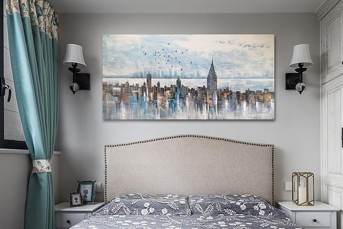 Arjun Cityscape Wall Art New York City Skyline Buildings Picture Modern Abstract Grey NYC Skyline Birds City View Painting Framed Artwork for Bedroom Living Room Home Office Decor Extra Large 58"x29"