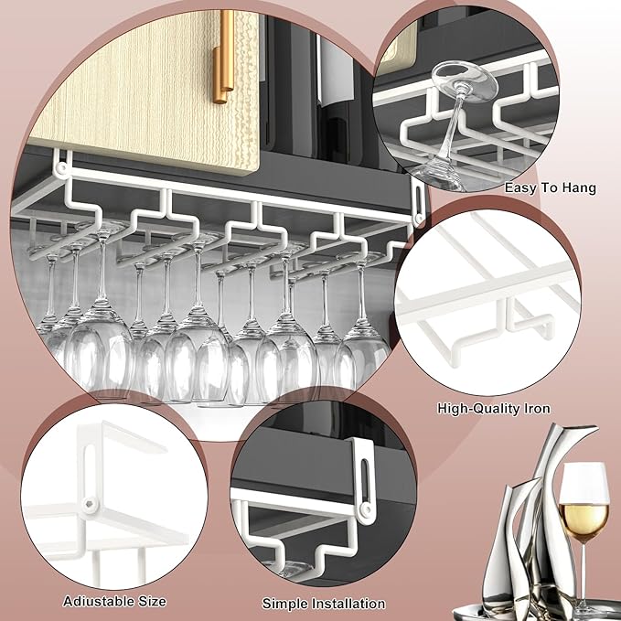 AUHOKY 2Pcs Adjustable Wine Glass Rack Under Cabinet, Punch-Free 4 Rows Stemware Wine Glass Metal Holder, Hanging Wine Glasses Storage Hanger Organizer for Shelf Kitchen Bar Decor(White, 4 Rows)