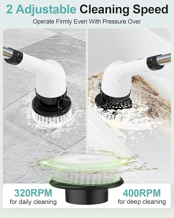 Electric Spin Scrubber, Cordless Shower Scrubber Rotary Floor Brushes & Pad Drivers with 9 Brush Heads - 2H Dual Speed, IPX7 Waterproof Extension Handle for Bathroom Tile Car Cleaning, Whtie-Q